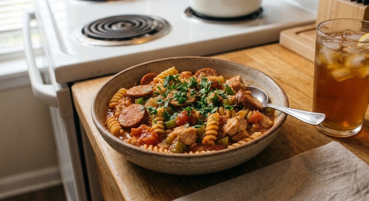 A hearty bowl of pastalaya with sliced sausage and chicken pieces topped with chopped parsley and scallions on a wooden table