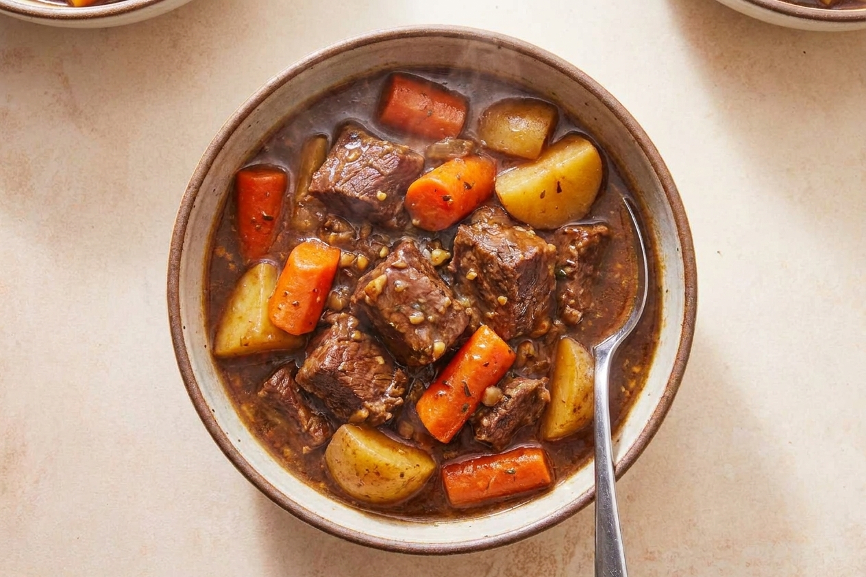 A hearty bowl of slow cooker beef stew with carrots and potatoes