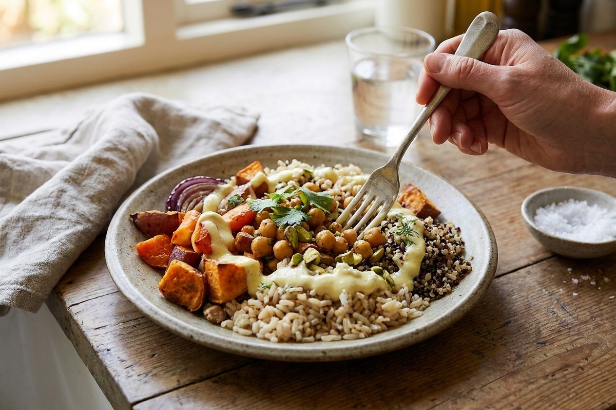 A hearty grain bowl with roasted vegetables, chickpeas, and a drizzle of creamy lemon yogurt sauce on a neutral stoneware plate on a warm, well-lit kitchen table