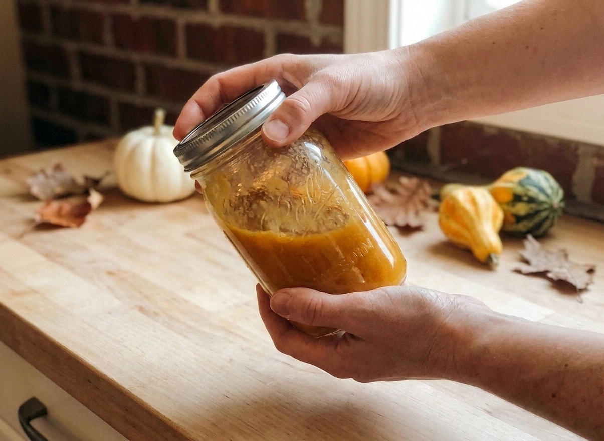 A heat-safe sealed jar of warm pumpkin milk being shaken on a kitchen counter to create foam