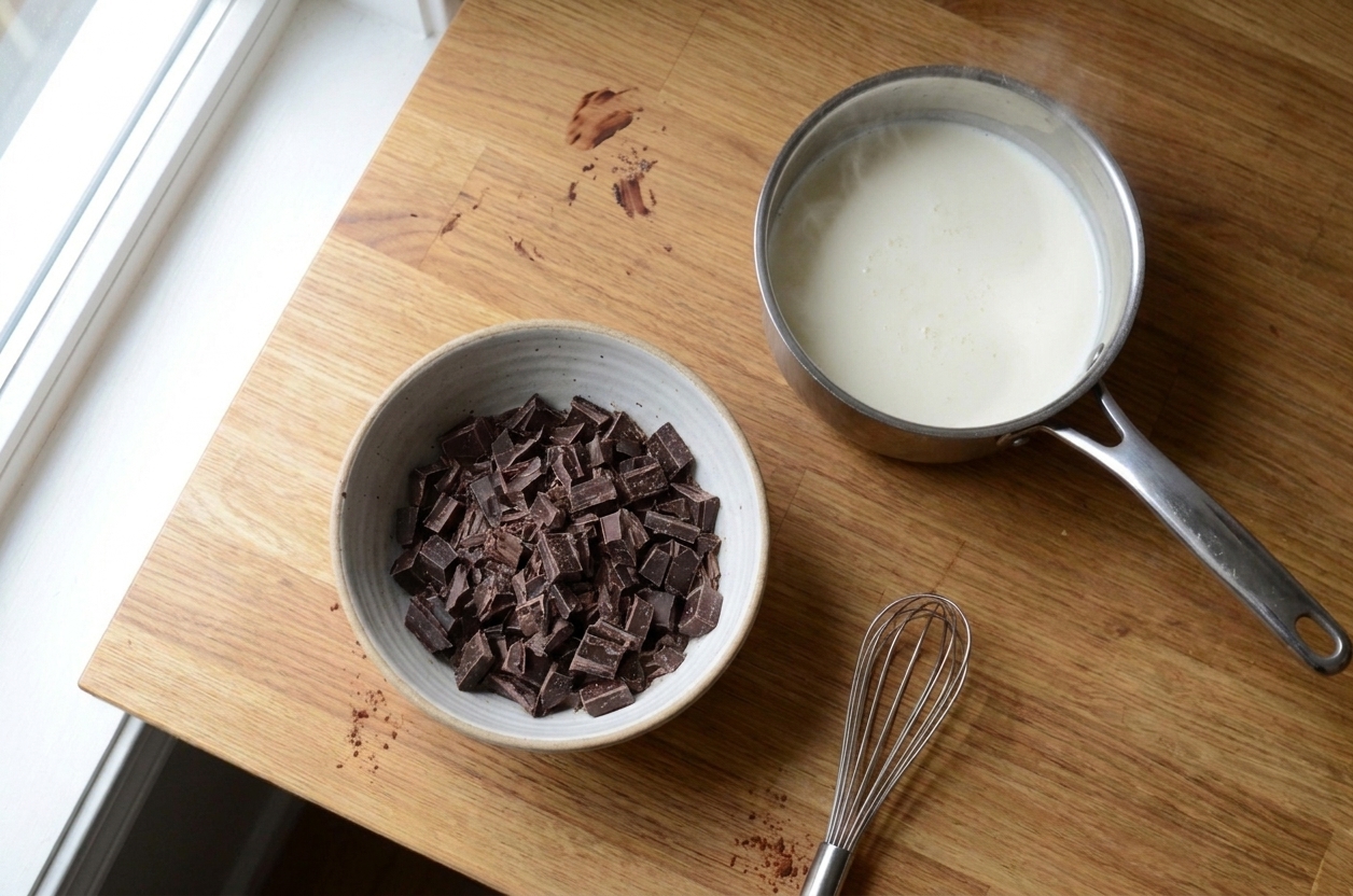 A heatproof bowl filled with finely chopped dark chocolate beside a small saucepan of warmed heavy cream on a clean kitchen counter