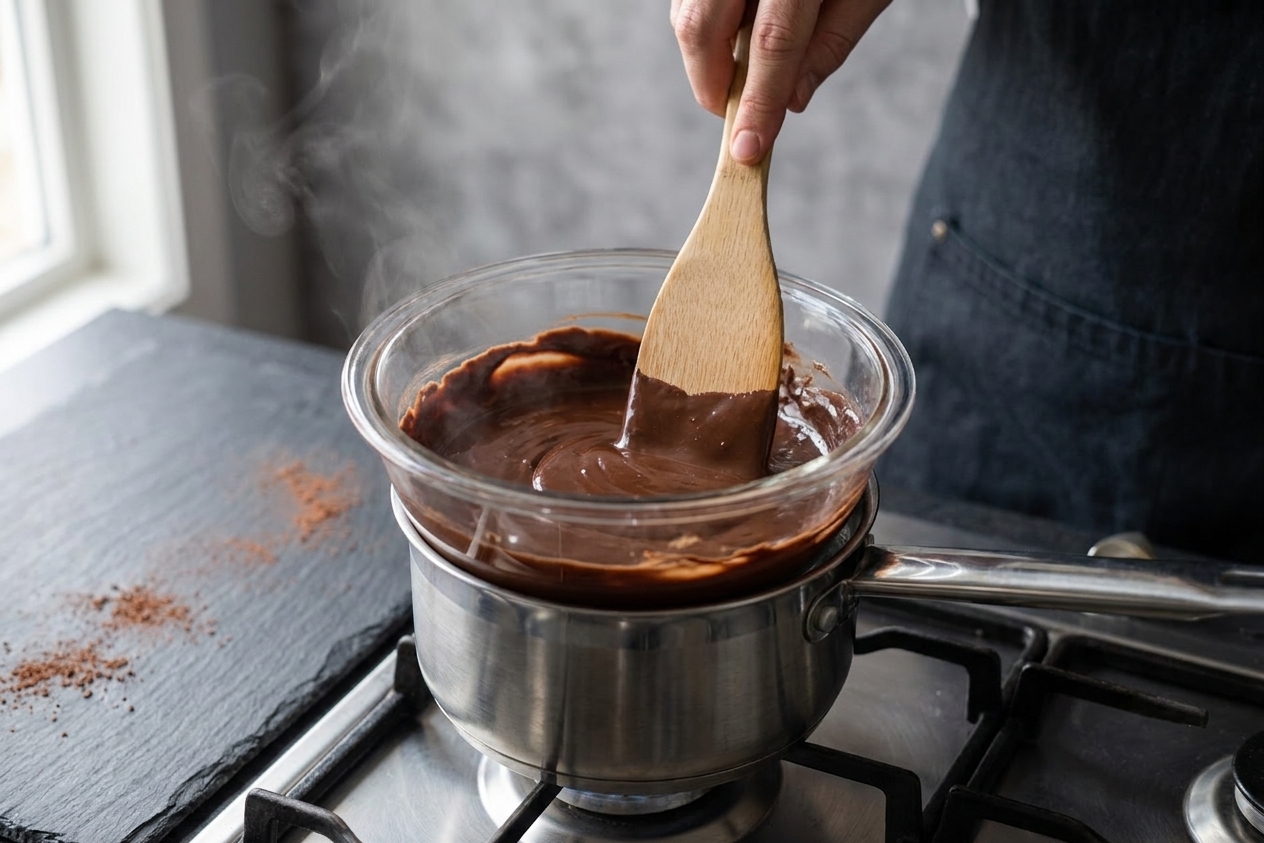 A heatproof bowl of melted dark chocolate being stirred with a spatula over a saucepan of simmering water