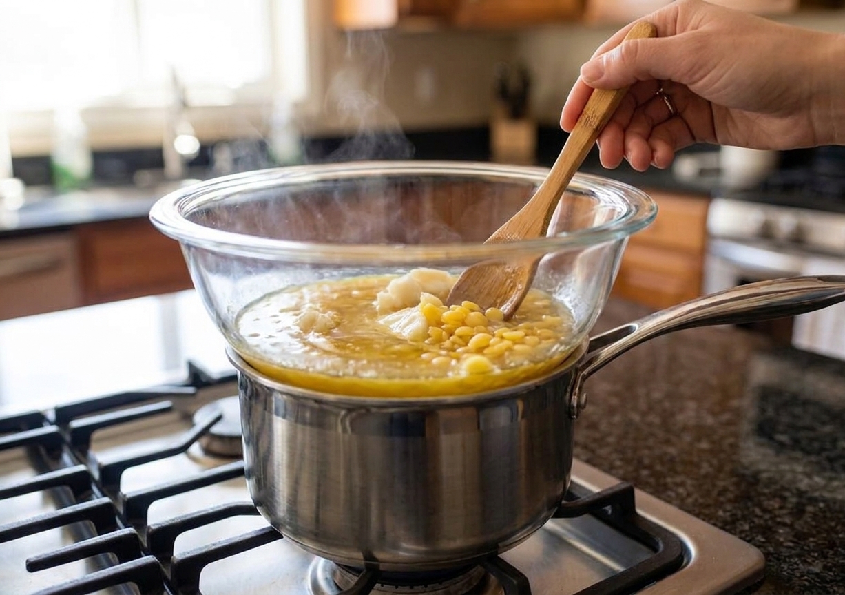 A heatproof glass bowl set over a saucepan of simmering water with melted shea butter and beeswax being stirred with a small spatula