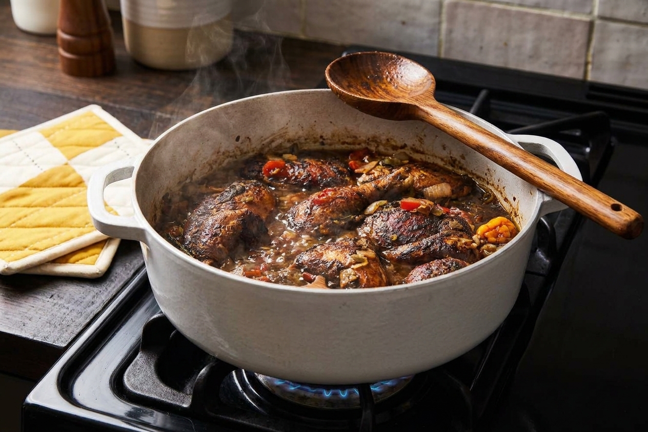 A heavy Dutch oven on a stovetop with a wooden spoon resting nearby, set up for simmering stew in a warm, home kitchen