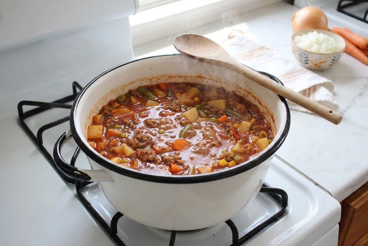 A heavy Dutch oven on a stovetop with stew simmering gently, steam rising in a warm home kitchen