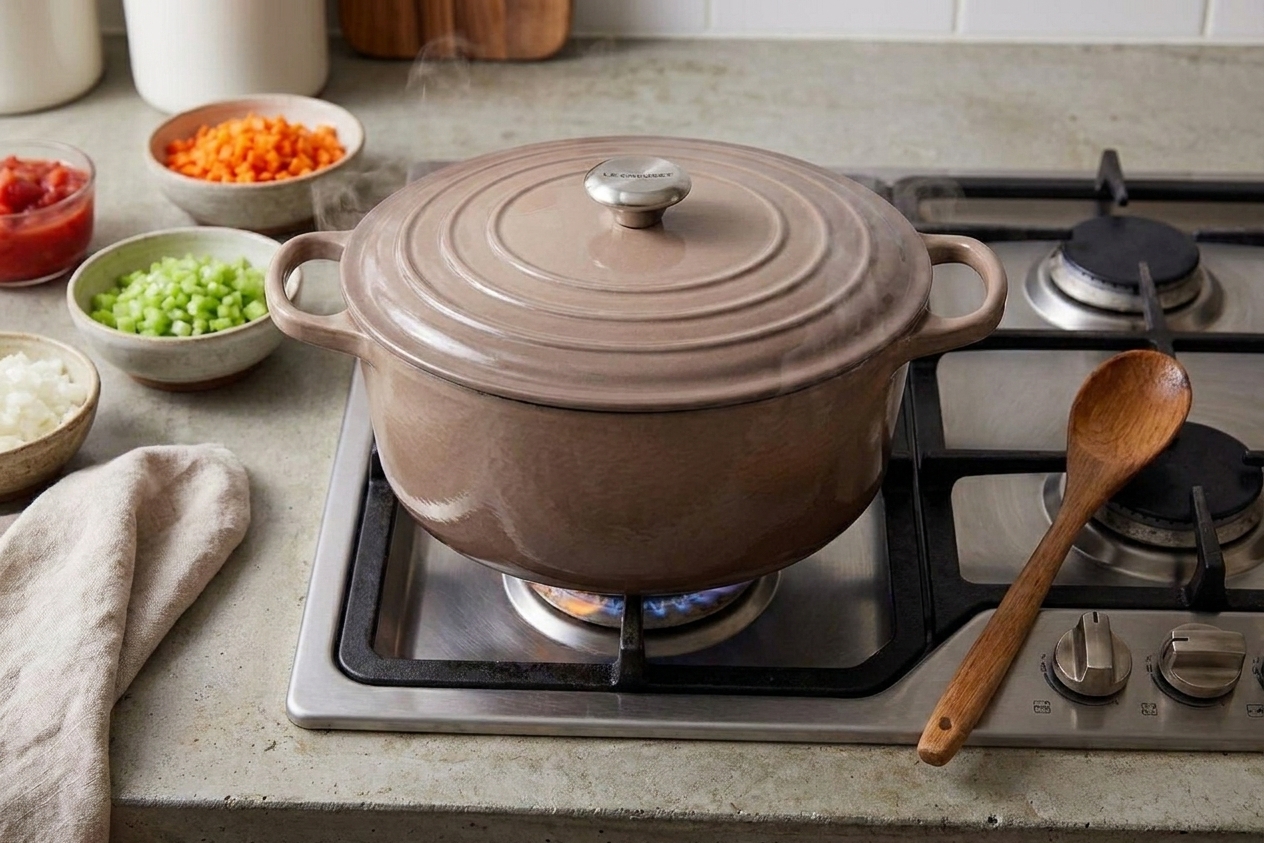 A heavy Dutch oven with lid on a home stove, surrounded by a wooden spoon and small prep bowls in a tidy kitchen