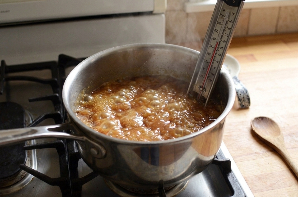 A heavy-bottom saucepan on a stovetop with bubbling amber toffee mixture and a candy thermometer clipped to the side