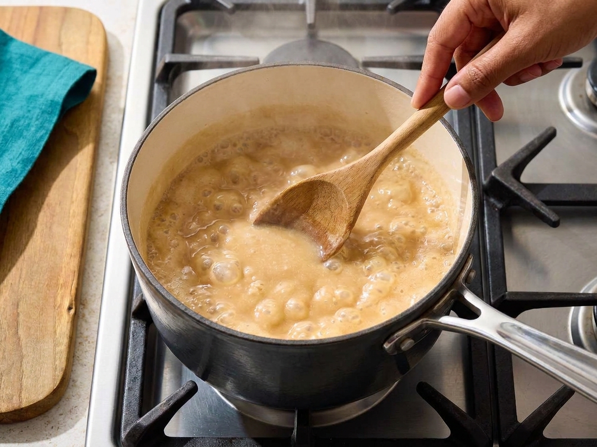 A heavy-bottom saucepan on the stove with the sugar and evaporated milk mixture boiling, stirred with a wooden spoon