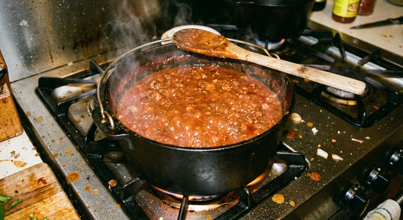 A heavy pot of chili simmering on a stovetop with a wooden spoon resting on the rim
