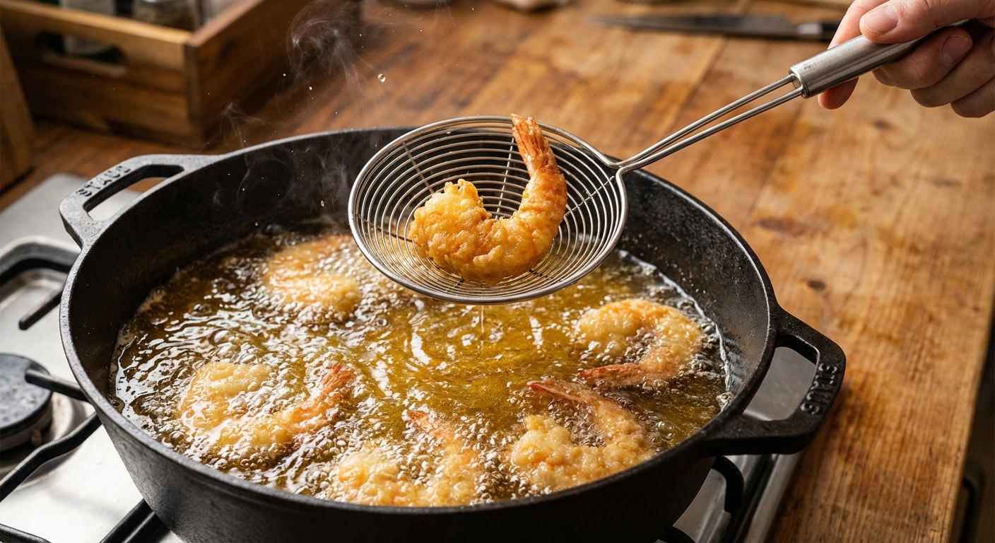 A heavy pot of hot oil with several battered shrimp frying as bubbles rise, a metal spider strainer lifting one golden shrimp above the oil, photorealistic action food photography