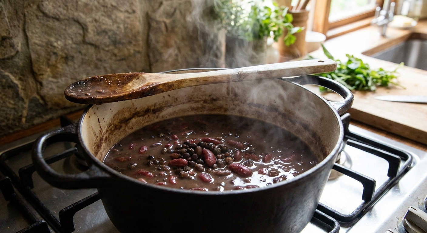 A heavy pot of whole black urad and kidney beans gently simmering with a wooden spoon resting on the edge, steam rising