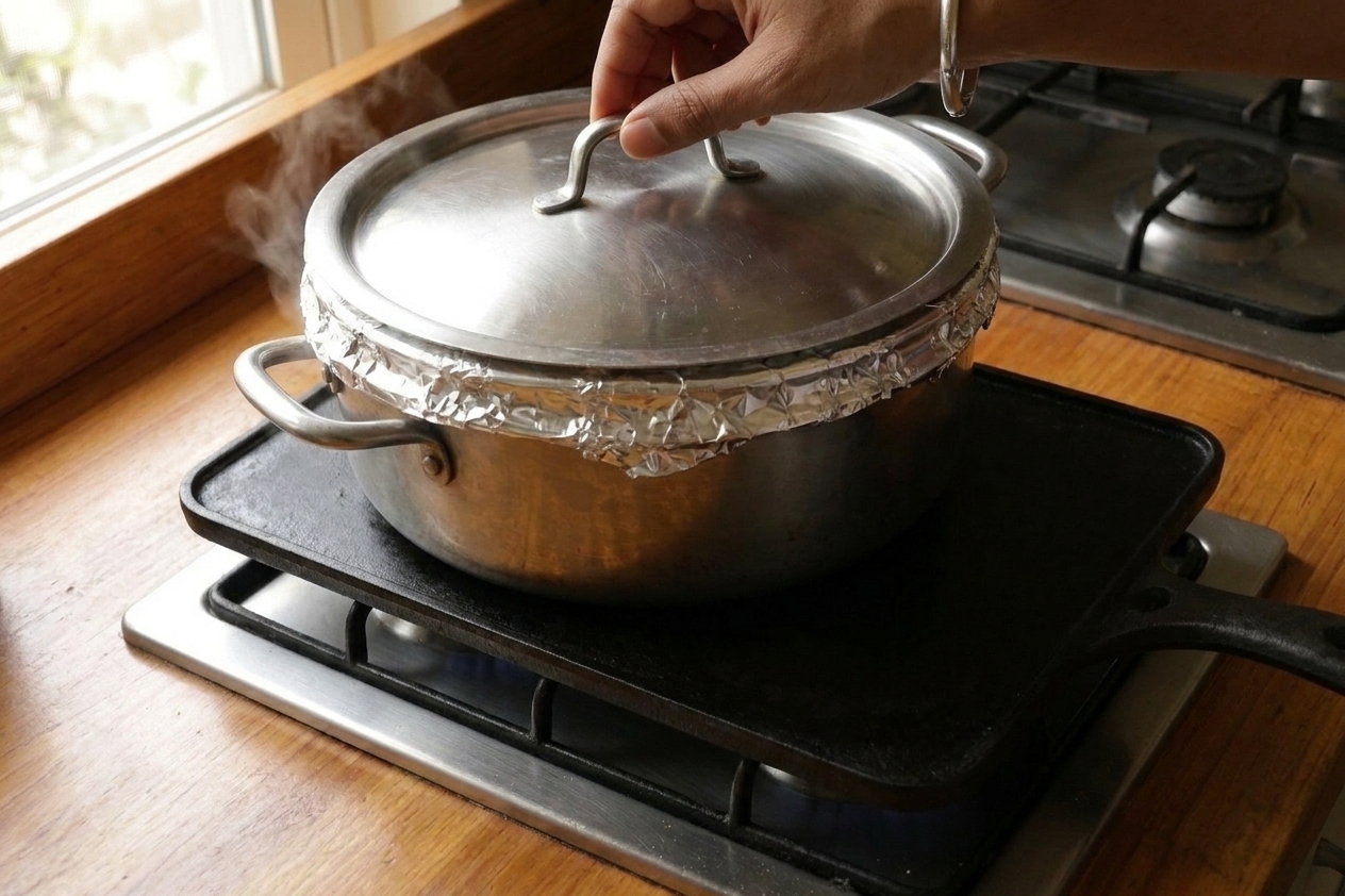 A heavy pot sealed with foil under the lid sitting on a flat griddle over a stovetop burner