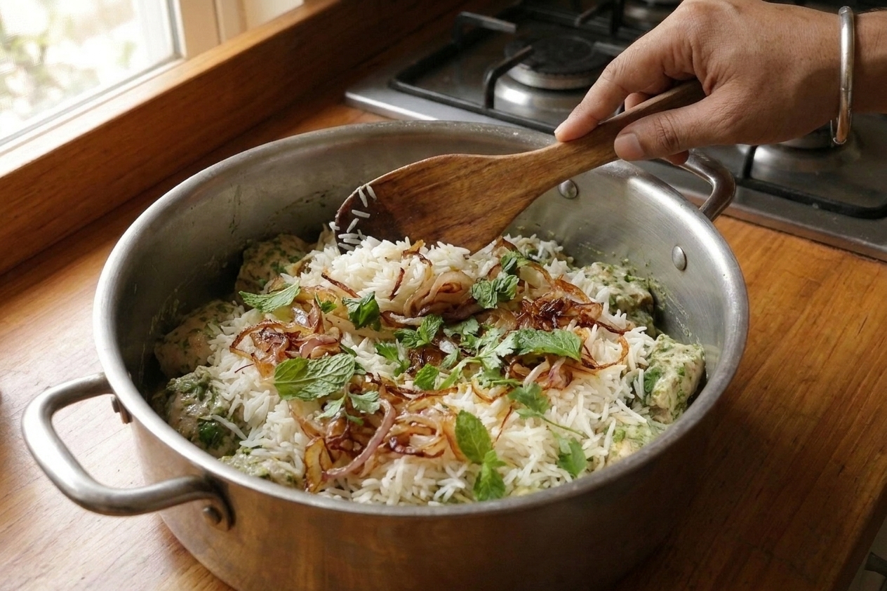 A heavy pot with marinated chicken on the bottom and parboiled rice being layered on top, with fried onions and herbs visible