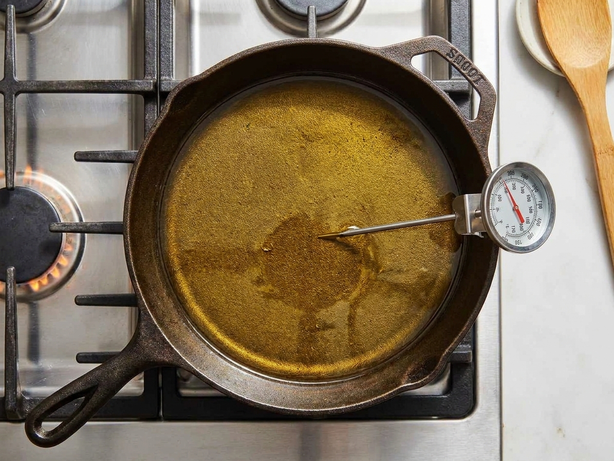A heavy skillet filled with shimmering oil heating on a stovetop with a thermometer clipped to the side