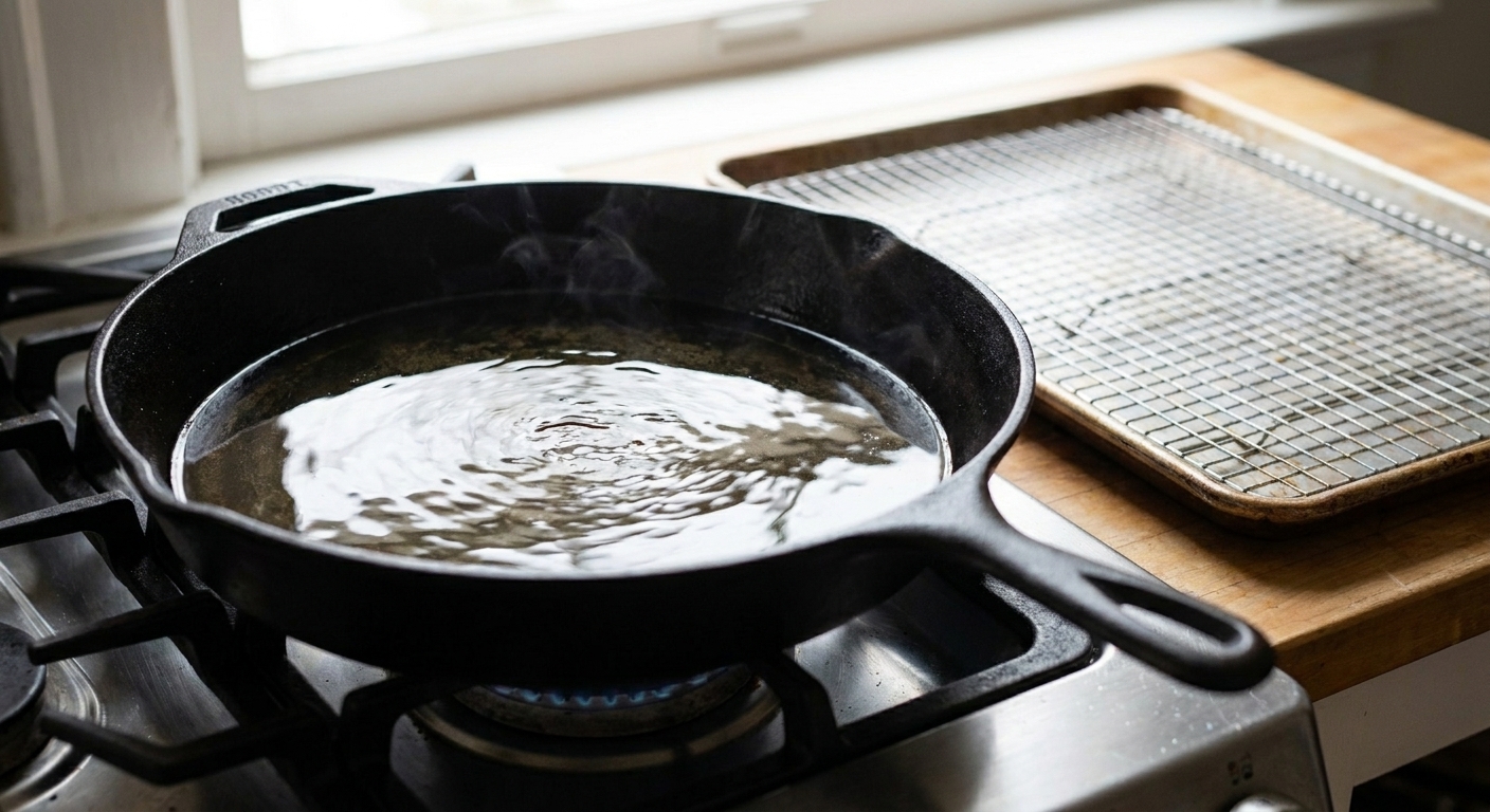 A heavy skillet on a stovetop with shimmering oil heating, a wire rack lined sheet pan nearby for draining