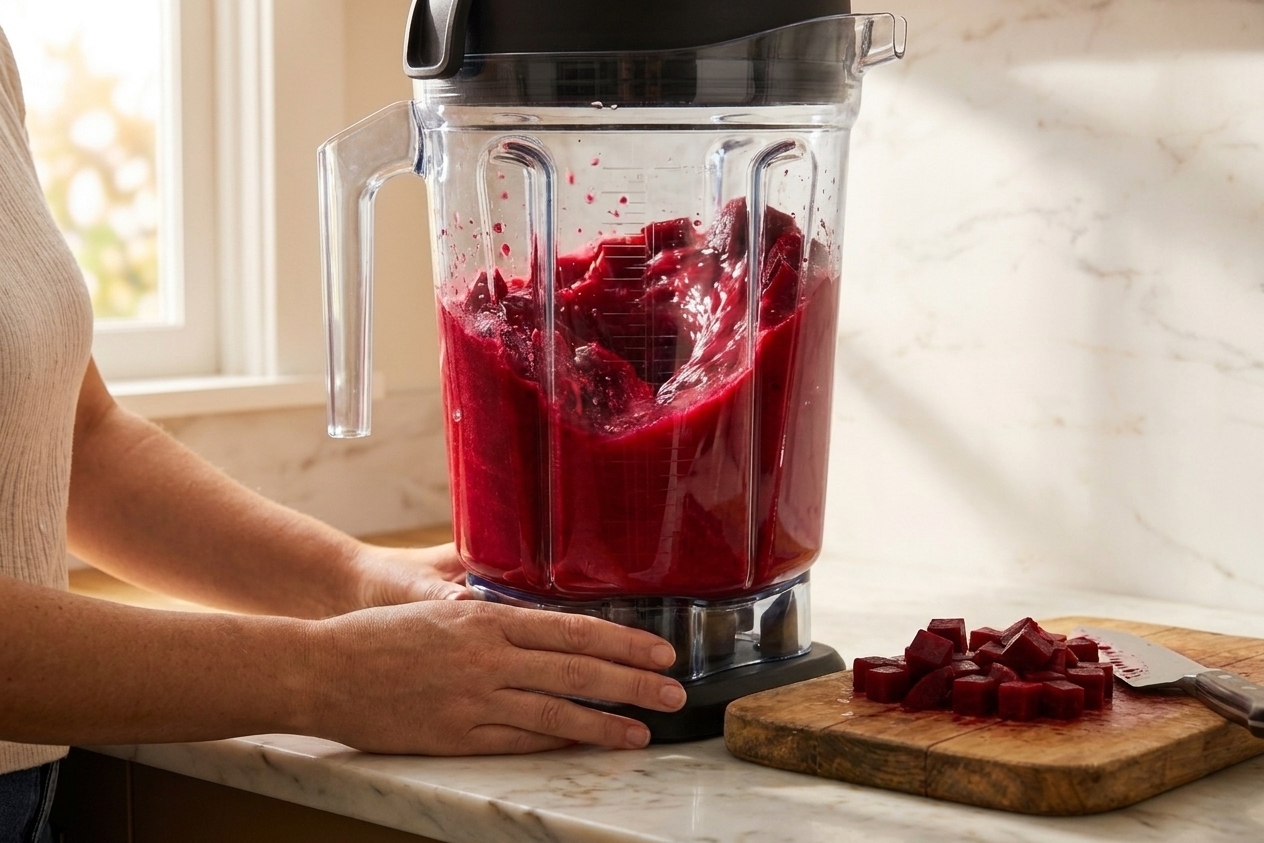 A high-speed blender jar filled with beet chunks and water mid-blend turning into a smooth ruby puree