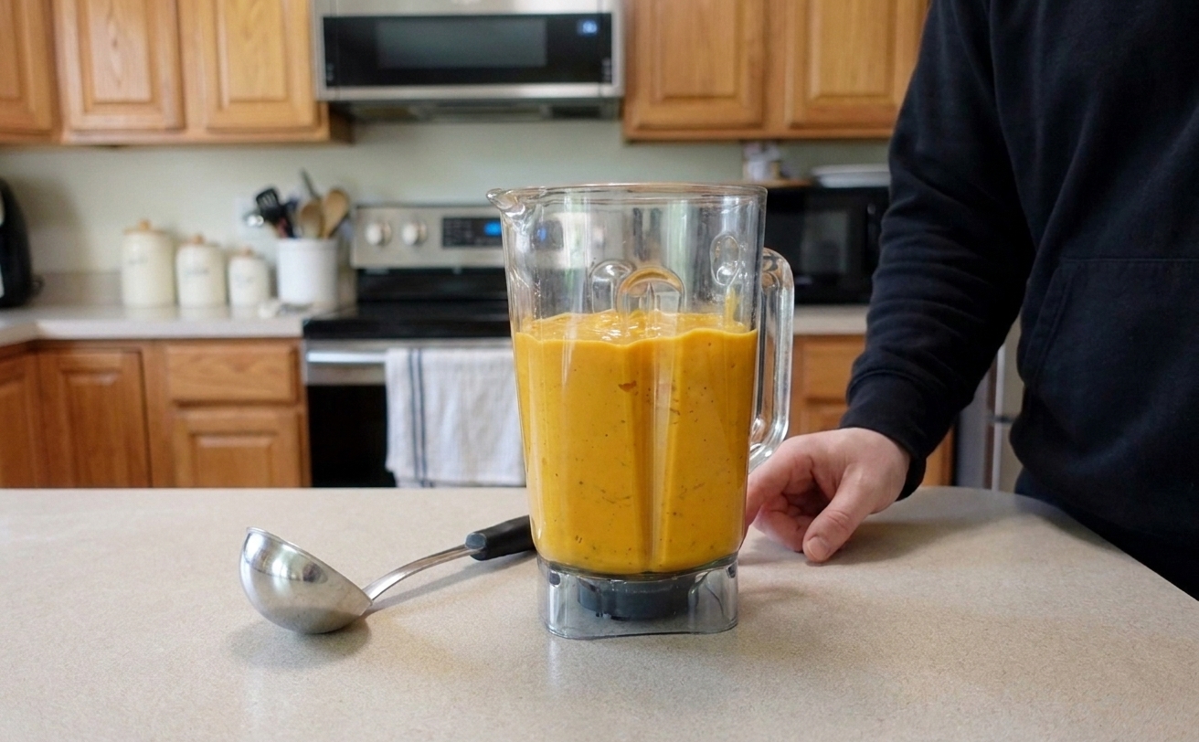 A high-speed blender jar filled with creamy orange vegan cheese sauce on a kitchen counter beside a ladle