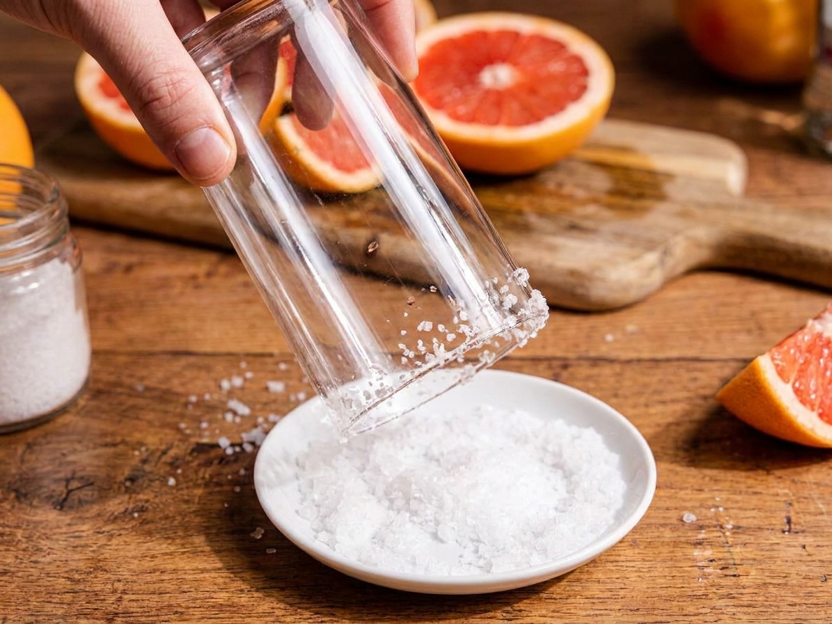 A highball glass being dipped rim-first into a small plate of coarse salt on a kitchen counter