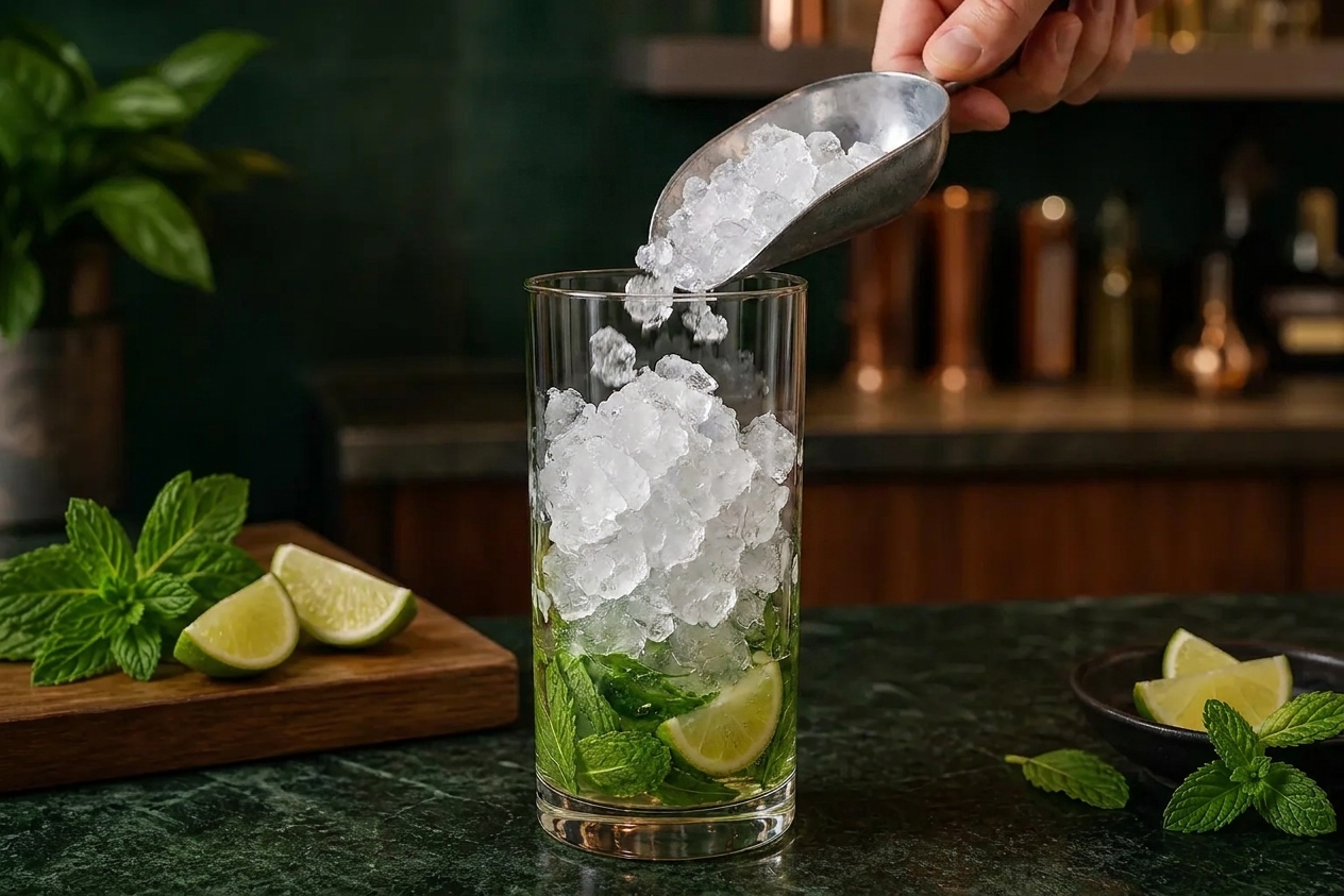A highball glass being filled with crushed ice over a muddled mint and lime mixture on a bright kitchen counter