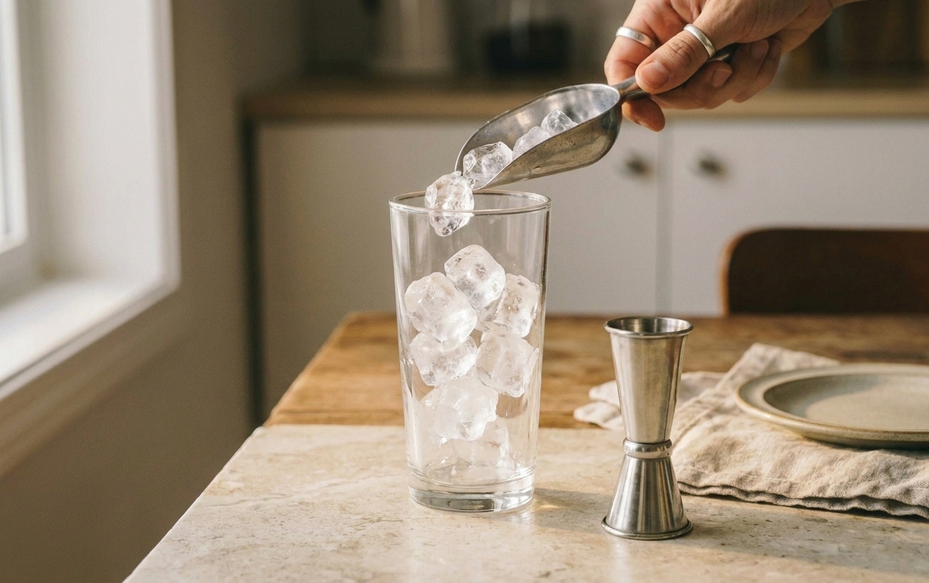 A highball glass being filled with fresh ice cubes on a light stone countertop with a jigger nearby
