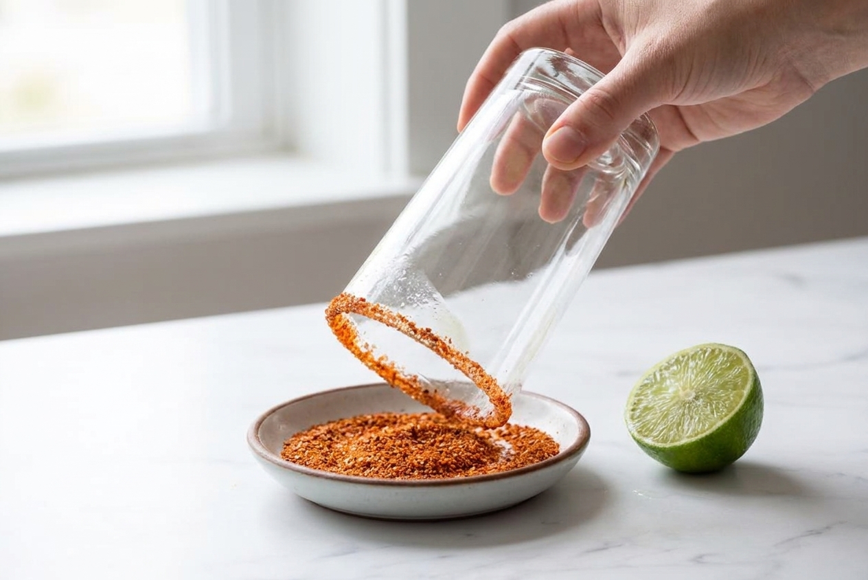 A highball glass being rimmed with tajín on a small plate beside a cut lime on a kitchen counter