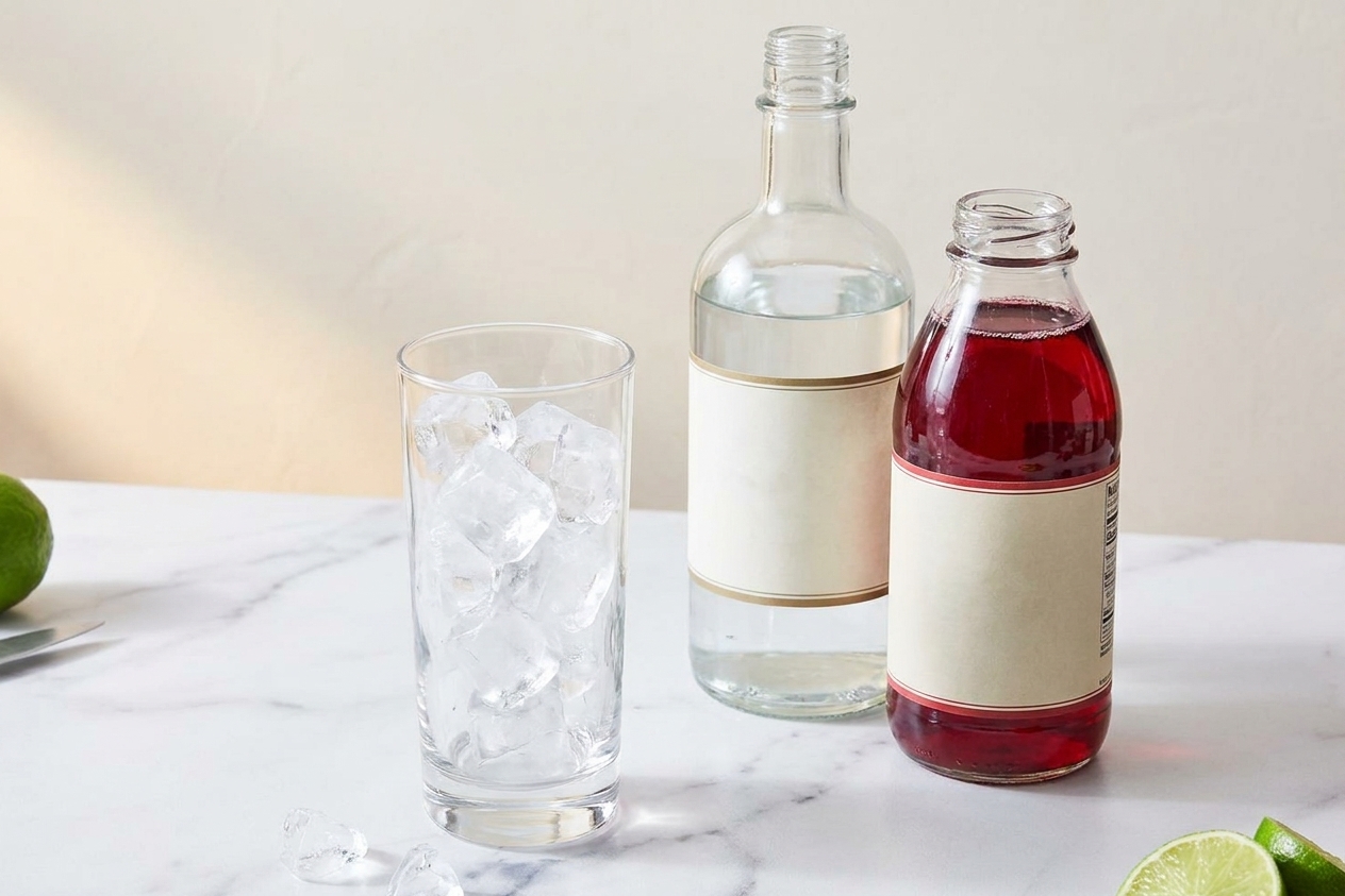 A highball glass filled with clear ice cubes next to an open bottle of vodka and a bottle of cranberry juice on a neutral countertop