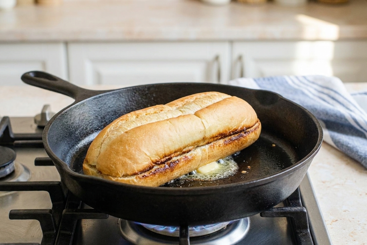 A hoagie roll split open and toasting cut-side down in a skillet on a stovetop
