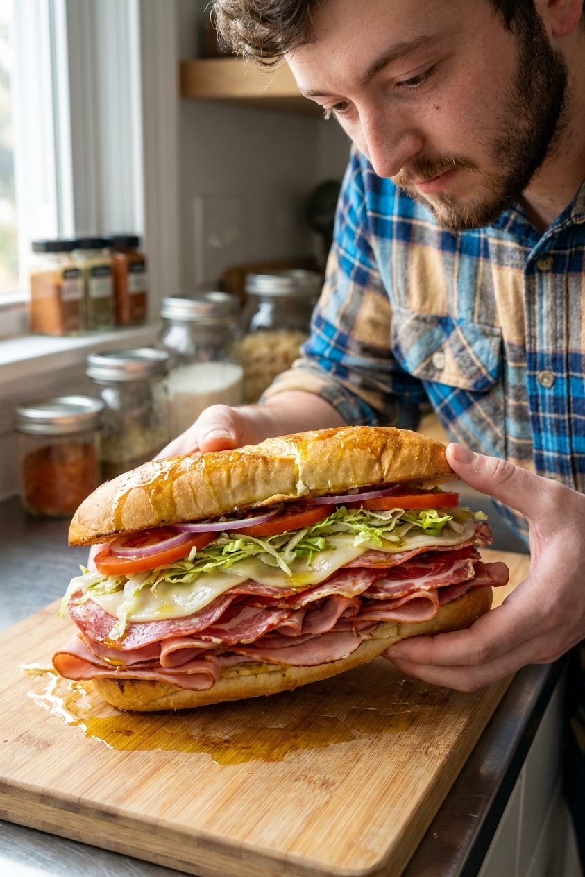 A hoagie-style Italian grinder sandwich on a cutting board, stacked with salami, ham, capicola, provolone, shredded lettuce, tomato slices, and red onion, with oil and vinegar glistening on the bread, real food photography