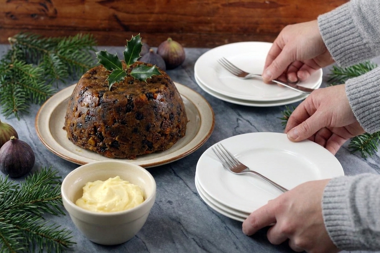 A holiday-style table setting with a whole figgy pudding on a serving plate, a small bowl of brandy butter nearby, and dessert plates ready
