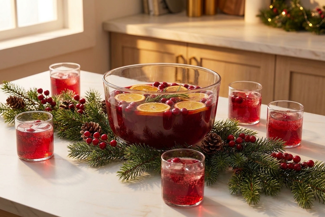 A holiday table setting with a punch bowl, small glasses filled with sparkling red punch, and a simple greenery centerpiece under warm indoor lighting