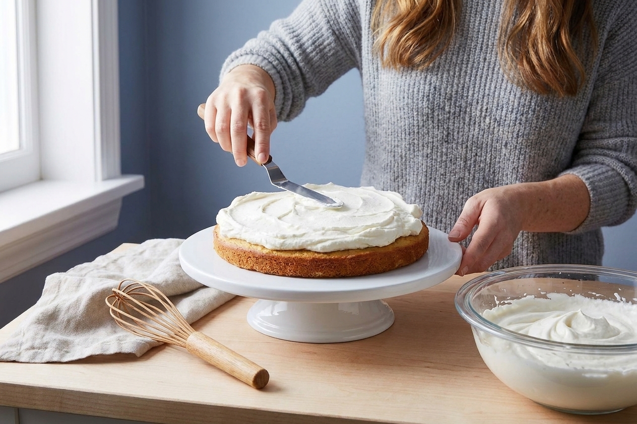 A home baker's hands spreading whipped cream frosting over a vanilla cake layer on a turntable in a bright kitchen