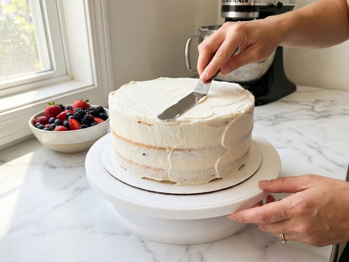 A home baker's hands using an offset spatula to frost a vanilla layer cake on a turntable in a bright kitchen