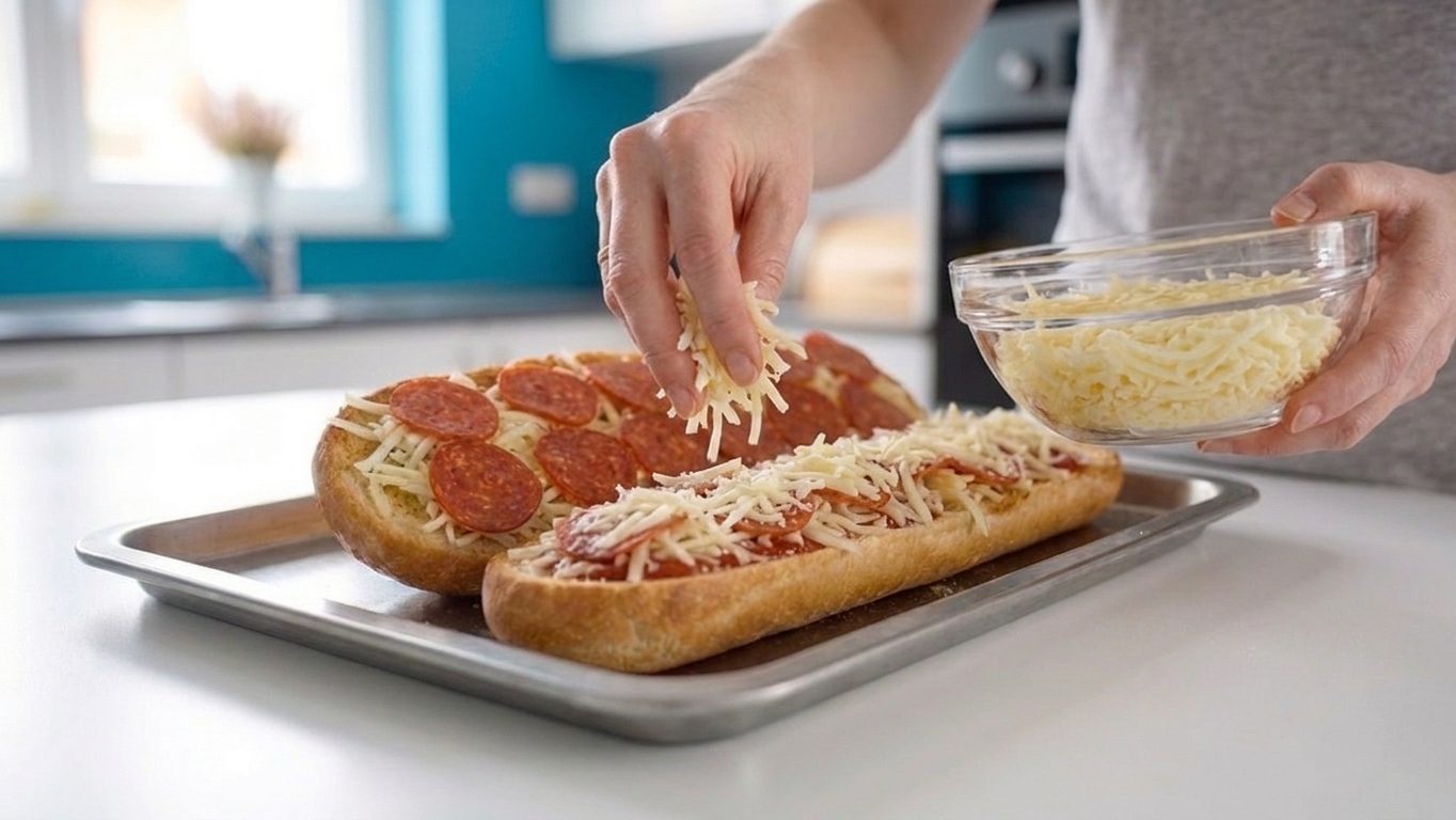 A home cook assembling French bread pizza by sprinkling shredded mozzarella over sauced bread halves on a baking sheet in a warm home kitchen