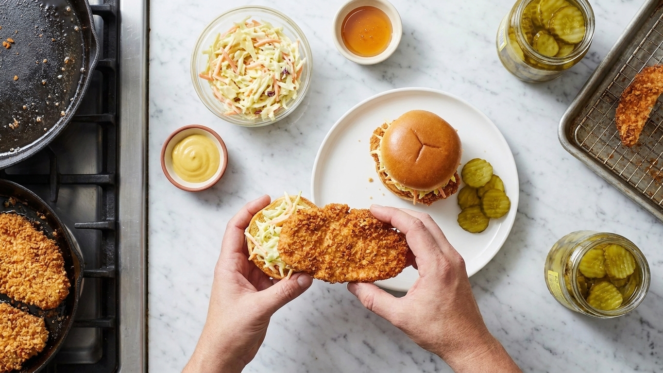 A home cook assembling crispy chicken sliders on a kitchen counter with slaw, pickles, and sauce nearby