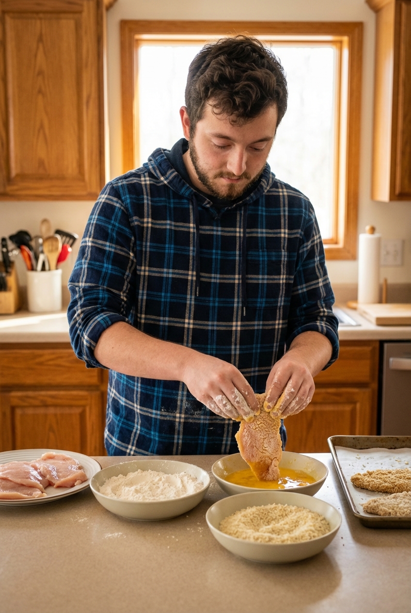 A home cook breading chicken cutlets with flour, egg, and panko on a kitchen counter