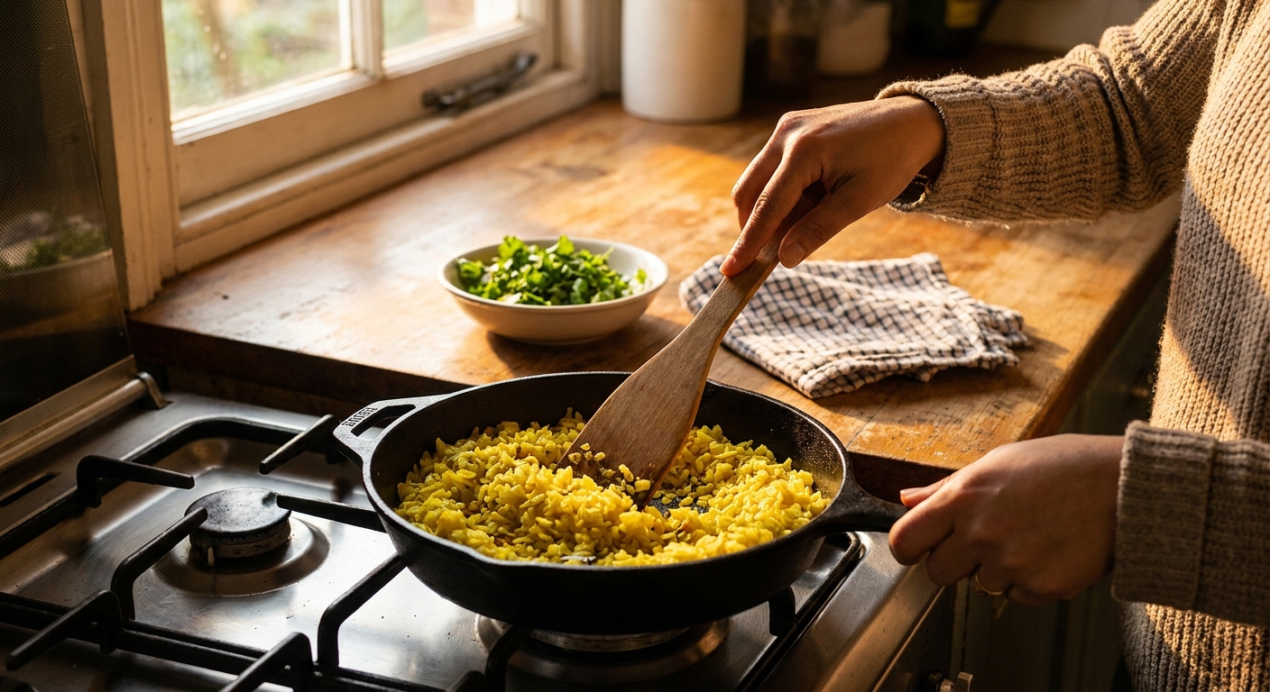 A home cook gently fluffing yellow poha with a spatula in a skillet on a stovetop with warm kitchen lighting