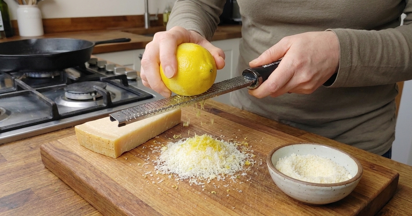 A home cook grating Parmesan and lemon zest over a cutting board on a warmly lit kitchen counter