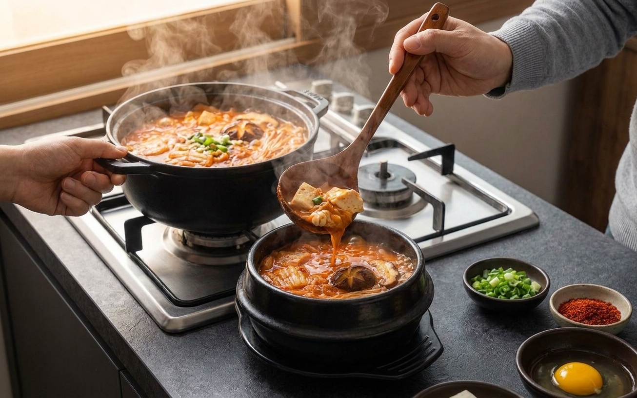 A home cook ladling steaming soondubu jjigae from a pot on the stove, hands visible, warm kitchen lighting