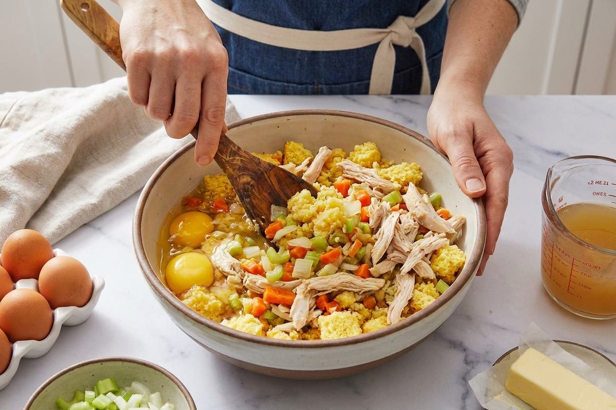 A home cook mixing cornbread dressing batter with shredded chicken in a large bowl on a kitchen counter