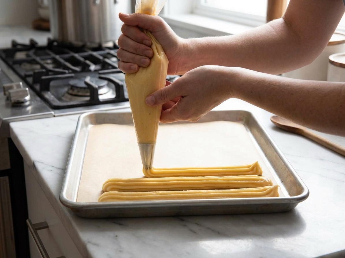 A home cook piping lines of choux pastry onto a parchment-lined baking sheet on a kitchen counter