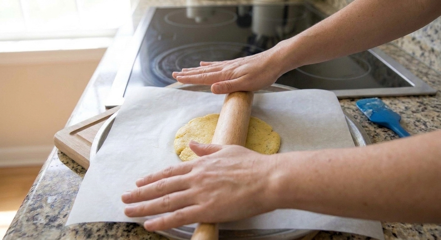 A home cook rolling low carb pizza dough between sheets of parchment on a wooden countertop