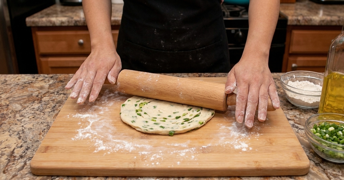 A home cook rolling out scallion pancake dough on a lightly floured wooden board in a cozy kitchen