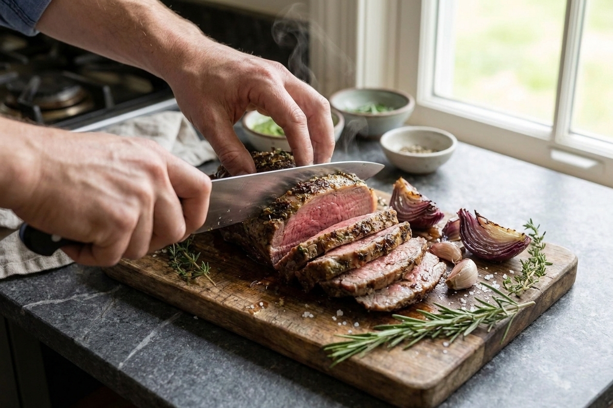 A home cook slicing a rested beef striploin roast into even slices on a wooden cutting board in a cozy kitchen