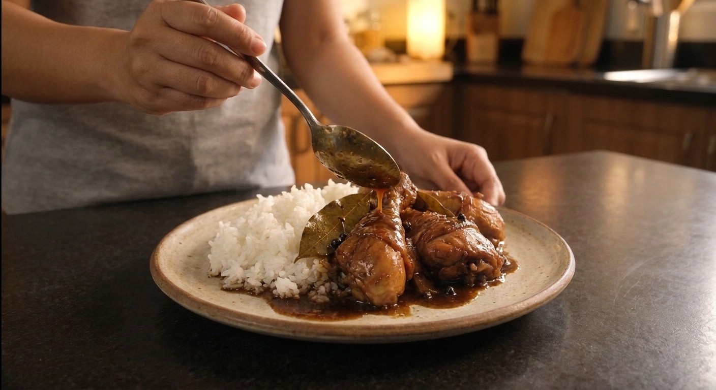 A home cook spooning glossy adobo sauce over chicken and rice in a shallow bowl on a kitchen counter with consistent warm lighting