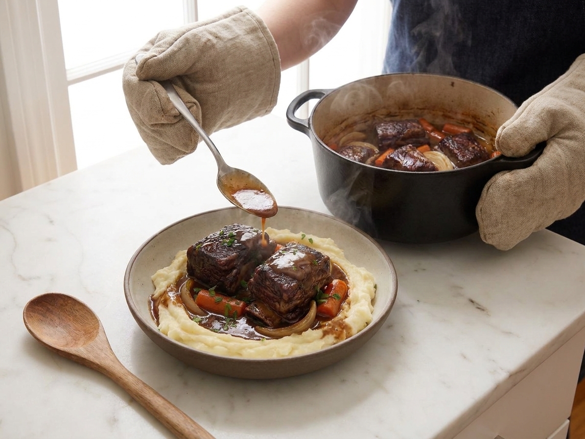 A home cook spooning glossy gravy over braised boneless short ribs on mashed potatoes in a shallow bowl on a kitchen counter