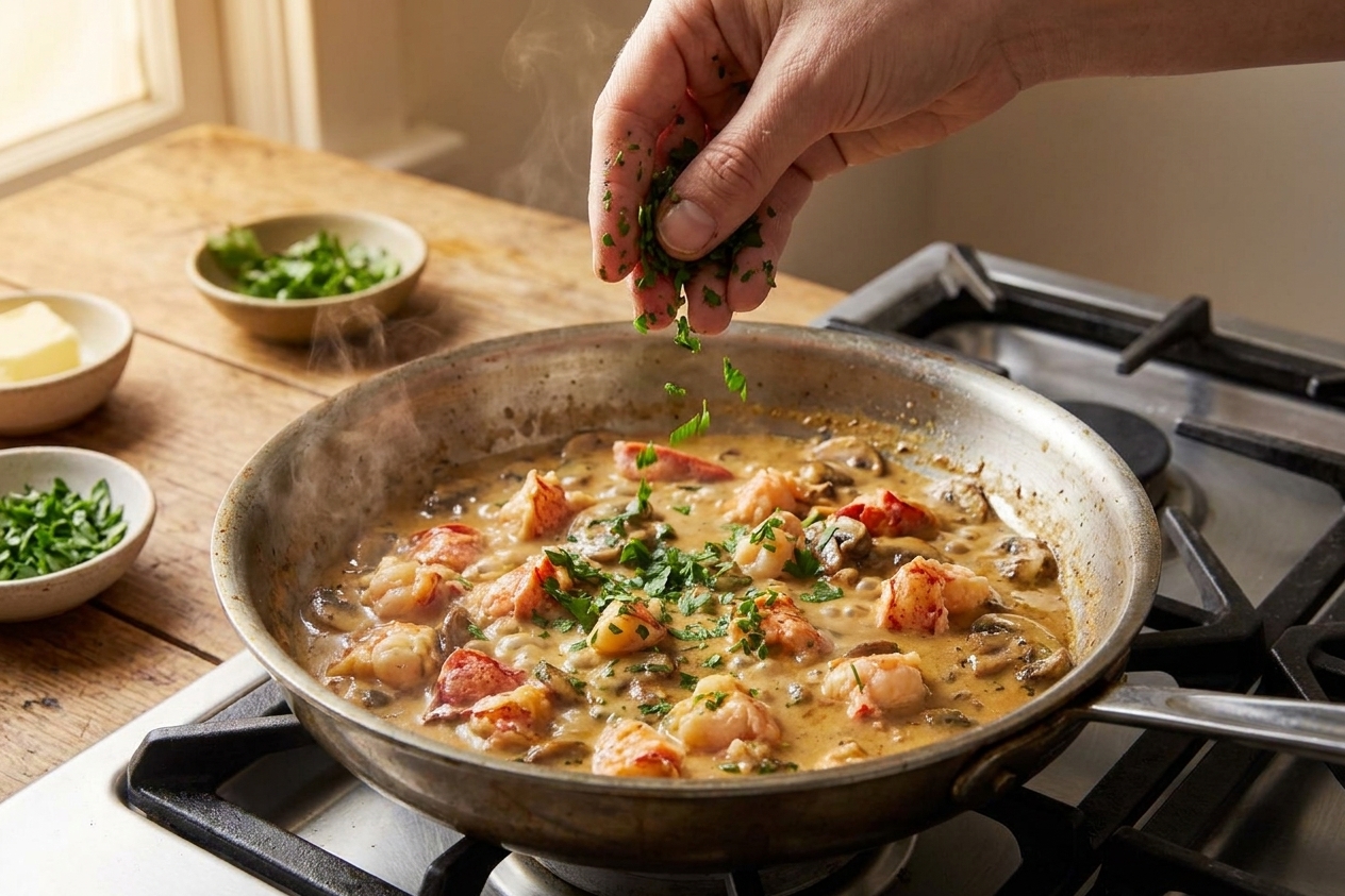 A home cook sprinkling chopped parsley over a skillet of Lobster Theodore on the stove under warm kitchen lighting