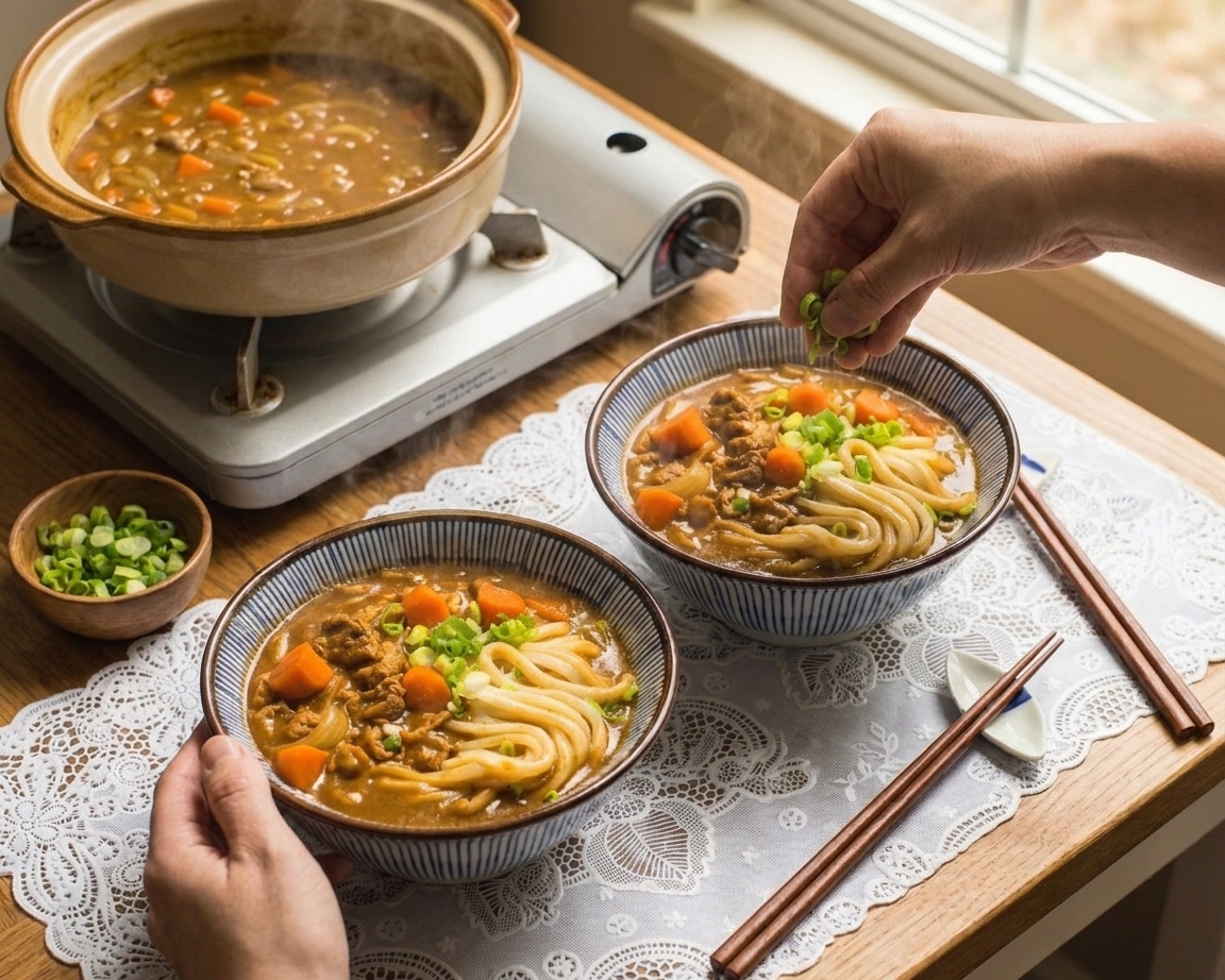 A home cook sprinkling sliced scallions over steaming curry udon bowls on a kitchen counter