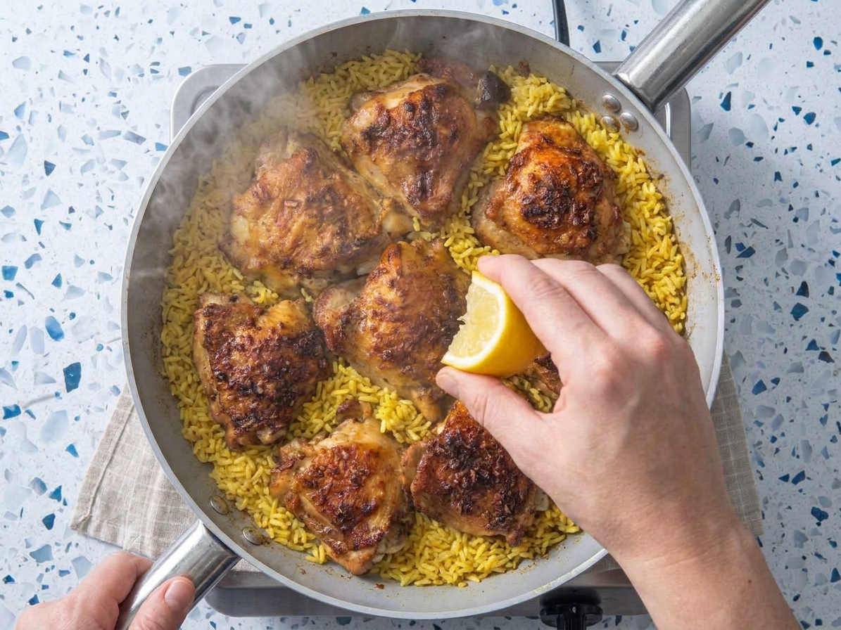A home cook squeezing a lemon wedge over a skillet of chicken and yellow rice on a stovetop, with steam rising from the pan