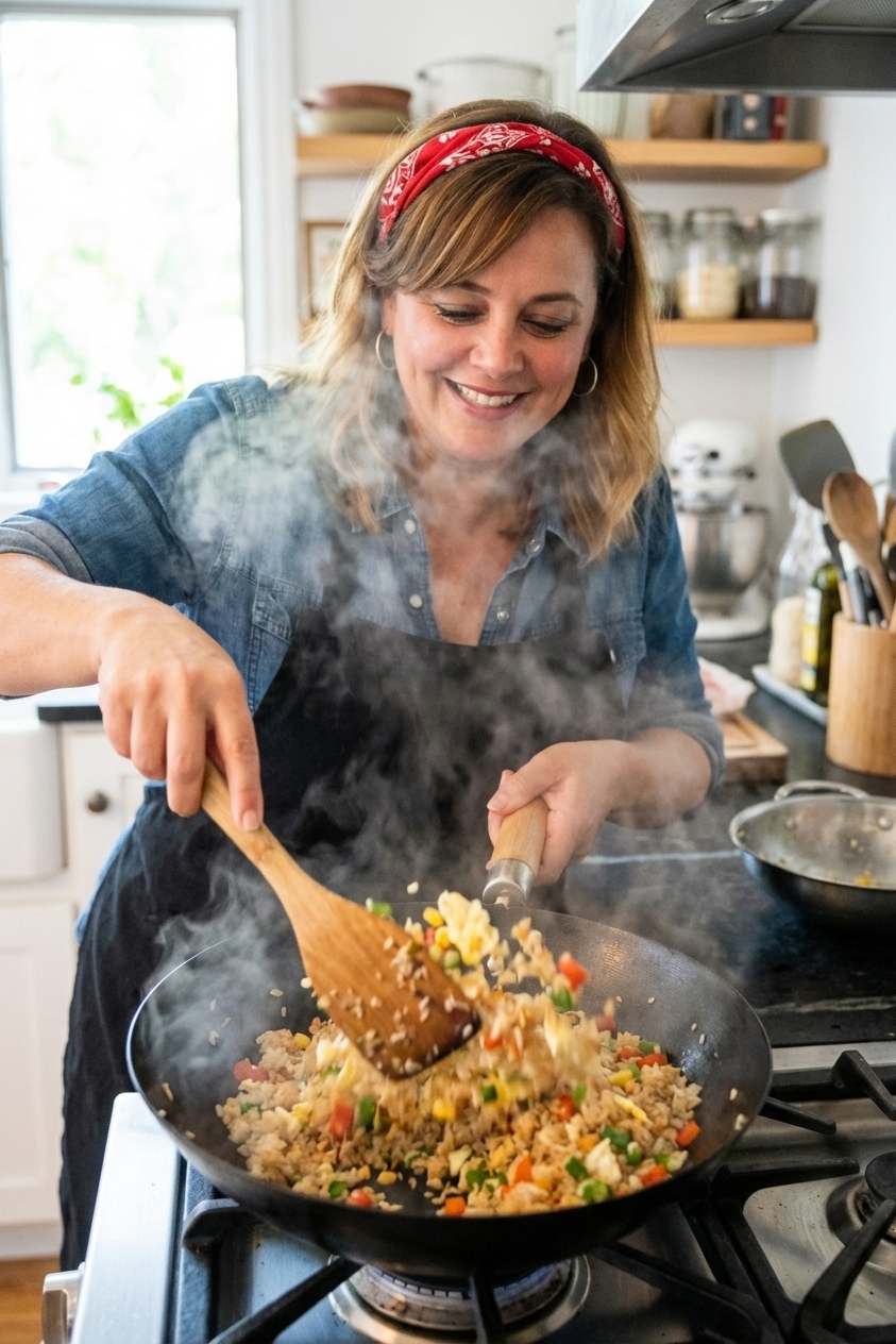 A home cook stir-frying rice and mixed vegetables in a hot wok on a stovetop, with visible steam rising and a wooden spatula tossing the rice, close-up action shot, photorealistic kitchen photography