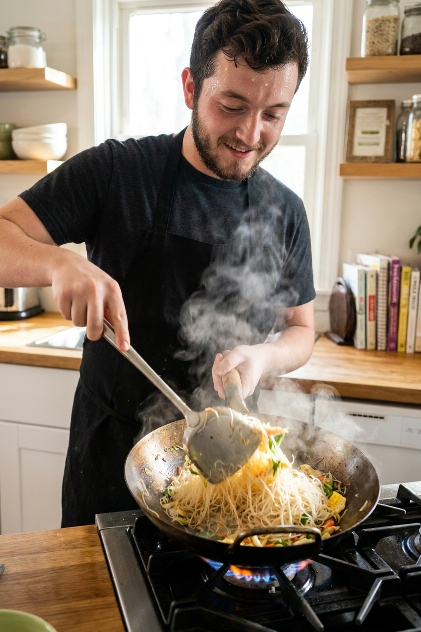 A home cook stir-frying thin rice vermicelli in a carbon steel wok over high heat with a metal spatula, steam rising in a bright kitchen